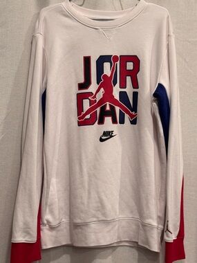 Nike White Crewneck Sweatshirt with Red & Navy Jumpman Graphic
